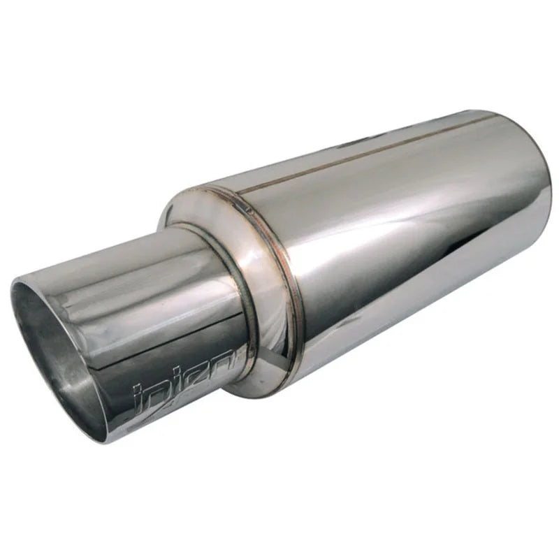 Injen 2 3/8 Universal Muffler w/Stainless Steel resonated rolled tip (Injen embossed logo) - Side View