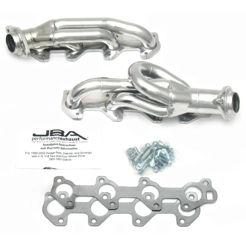 JBA 04-07 Doge Dakota 4.7L PowerTech 1-1/2in Primary Silver Ctd Cat4Ward Header - Side View