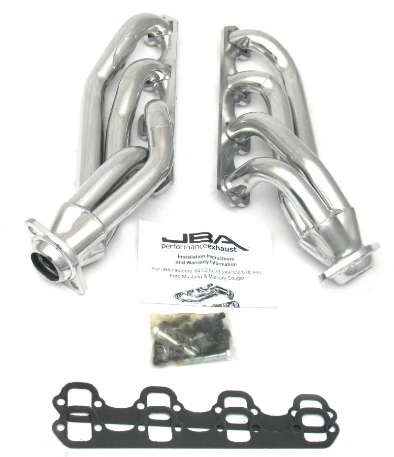 JBA 65-73 Ford Mustang 260-302 SBF 1-5/8in Primary Silver Ctd Mid Length Header - Side View