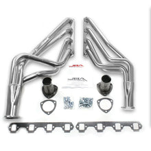 Load image into Gallery viewer, JBA 65-73 Ford Mustang 260-302/71-73 Ford 260-351W SBF 1-5/8in Primary Silver Ctd Long Tube Header - Side View