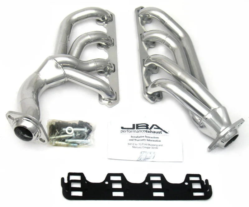 JBA 65-73 Ford Mustang 351W SBF w/T-5/Cable Clutch 1-5/8in Primary Silver Ctd Mid Length Header - Main Product View