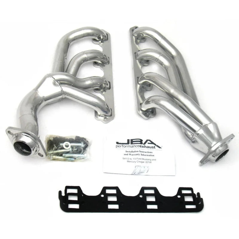 JBA 65-73 Ford Mustang 351W SBF w/T-5/Cable Clutch 1-5/8in Primary Silver Ctd Mid Length Header - Side View