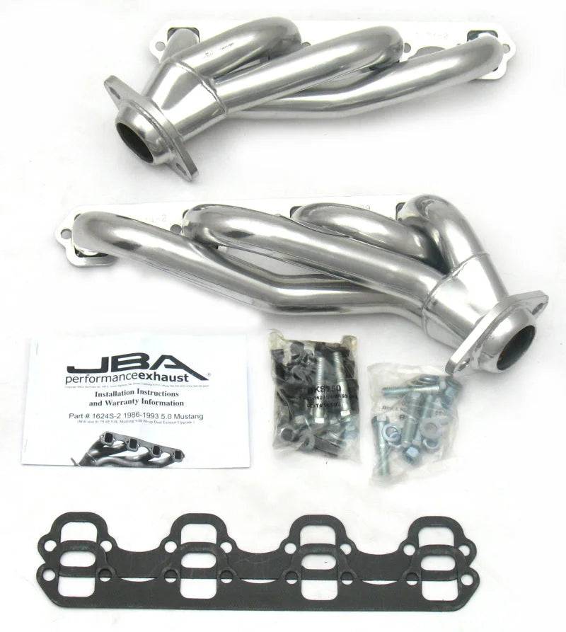 JBA 86-93 Ford Mustang 5.0L SBF 1-5/8in Primary Silver Ctd Cat4Ward Header - Side View