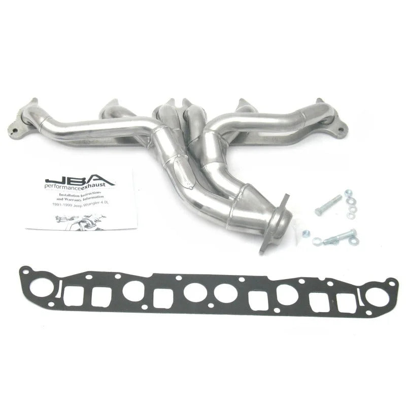JBA 91-99 Jeep 4.0L 1-1/2in Primary Silver Ctd Cat4Ward Header - Side View