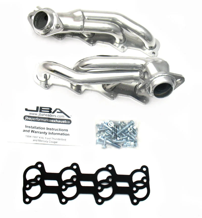 JBA 94-97 Ford Thunderbird 4.6L 2V 1-1/2in Primary Silver Ctd Cat4Ward Header - Side View