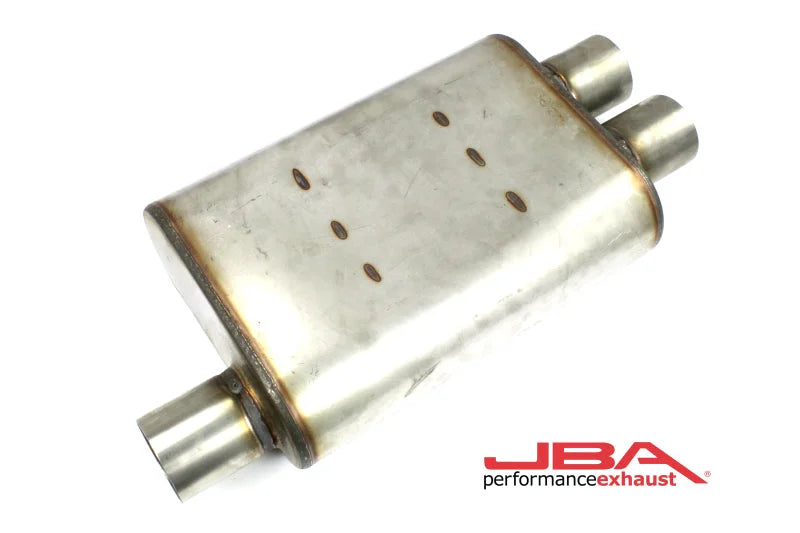 JBA Universal Chambered Style 304SS Muffler 13x9.75x4 2.5in Inlet Diameter Offset/2.5 Dual Outlet - Side View