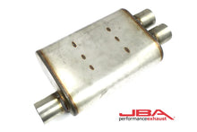 Load image into Gallery viewer, JBA Universal Chambered Style 304SS Muffler 13x9.75x4 2.5in Inlet Diameter Offset/2.5 Dual Outlet - Side View