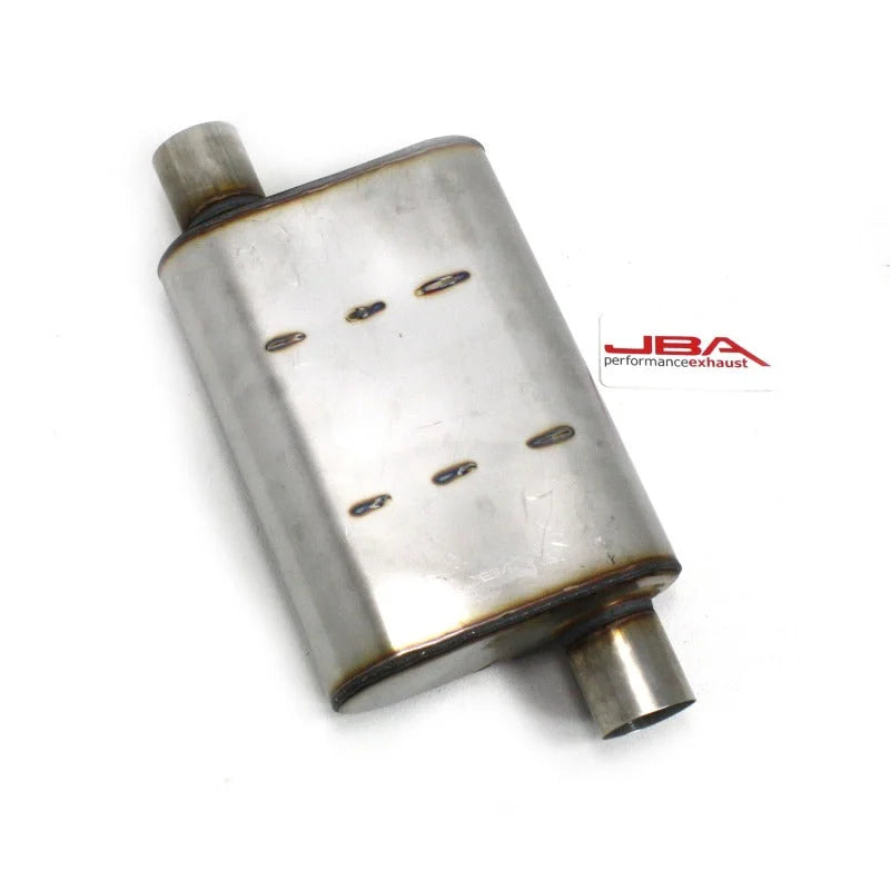 JBA Universal Chambered Style 304SS Muffler 13x9.75x4 2.5in Inlet Diameter Offset/Offset - Side View