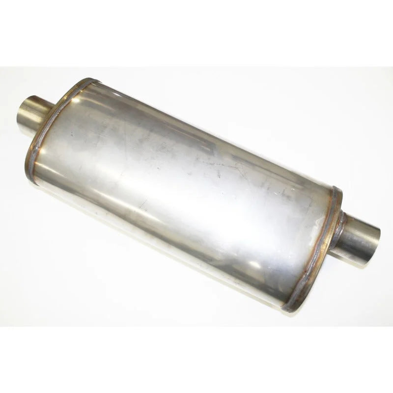 JBA Universal Straight-Through Style 304SS Muffler 18x8x5 2.5in Inlet Diameter Offset/Center - Side View