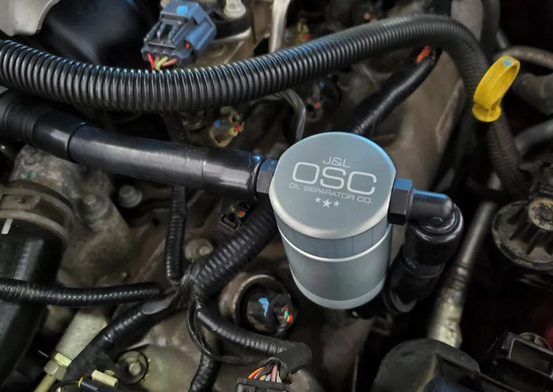 J&L 05-10 Ford Mustang GT Driver Side Oil Separator 3.0 V2 - Clear Anodized - Side View