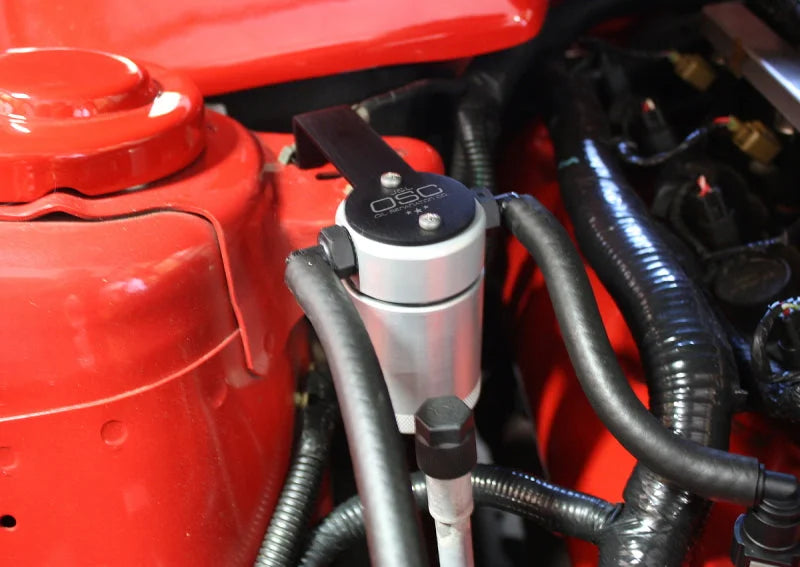 J&L 05-10 Ford Mustang GT/Bullitt/Saleen Passenger Side Oil Separator 3.0 - Clear Anodized - Side View