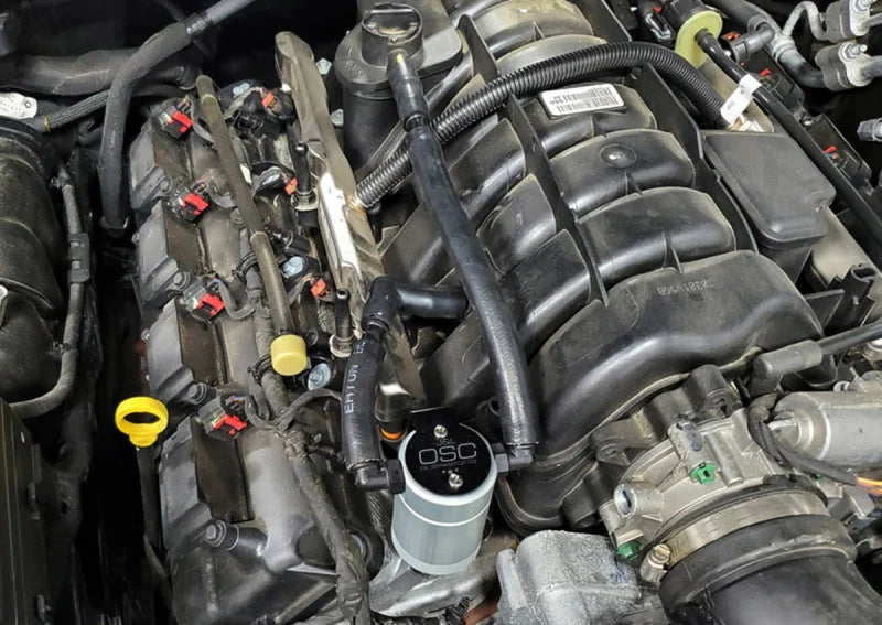 J&L 05-23 Dodge Charger 5.7L Hemi Passenger Side Oil Separator 3.0 - Clear Anodized - Side View