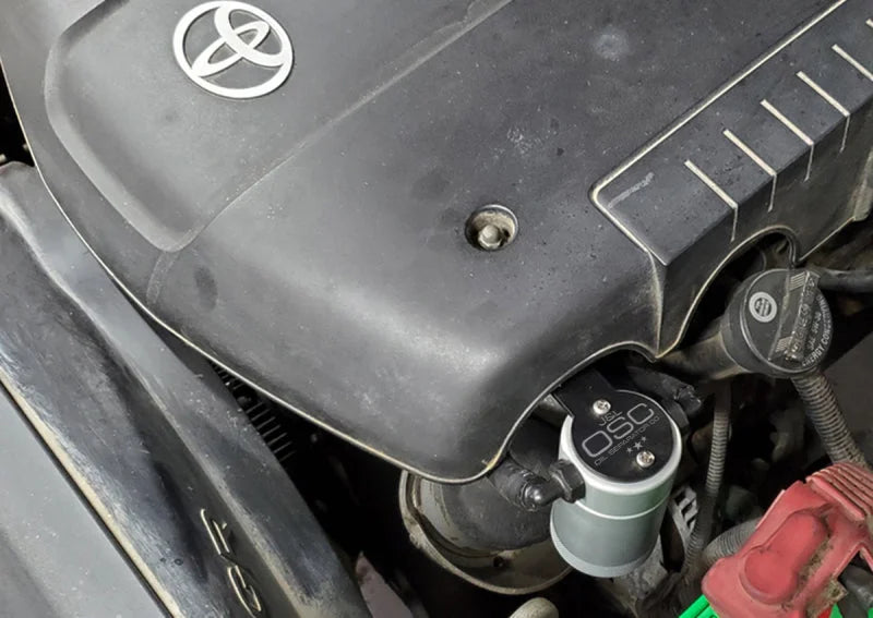 J&L 05-24 Toyota 4Runner 4.0L Driver Side Oil Separator 3.0 - Clear Anodized - Side View