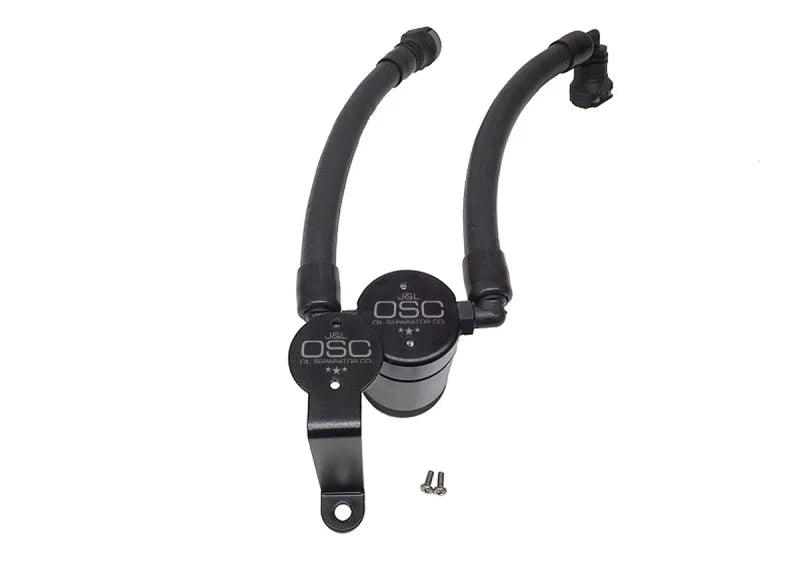 J&L 07-14 Ford Mustang GT500 Oil Separator 3.0 Passenger Side (Remote Mount) - Black Anodized - Side View
