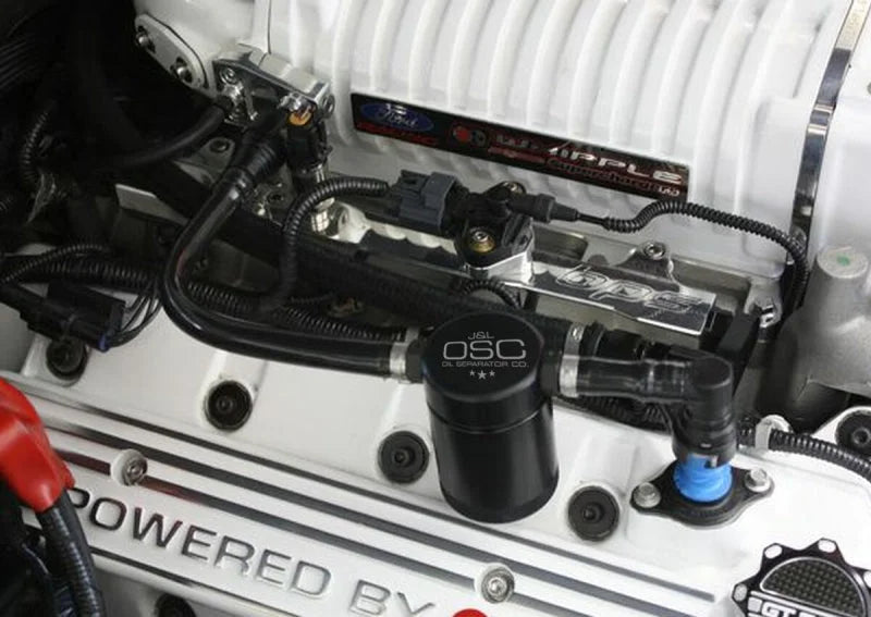 J&L 07-14 Ford Mustang GT500 Passenger Side Oil Separator 3.0 - Black Anodized - Side View