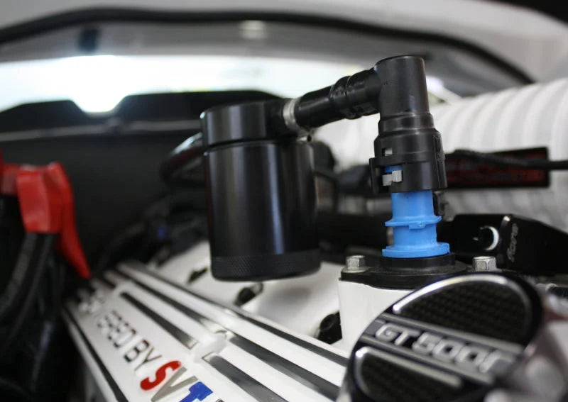 J&L 07-14 Ford Mustang GT500 Passenger Side Oil Separator 3.0 - Black Anodized - Detail View