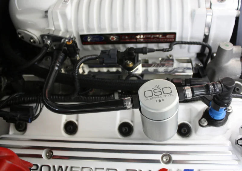J&L 07-14 Ford Mustang GT500 Passenger Side Oil Separator 3.0 - Clear Anodized - Side View