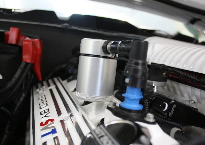 J&L 07-14 Ford Mustang GT500 Passenger Side Oil Separator 3.0 - Clear Anodized - Detail View