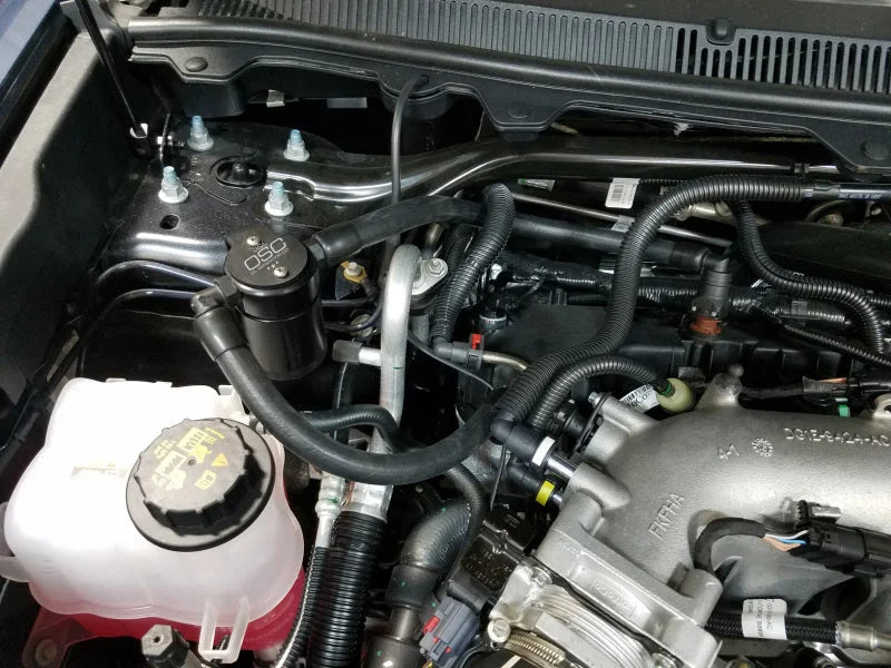 J&L 10-19 Ford Flex EcoBoost V6 Passenger Side Oil Separator 3.0 - Black Anodized - Side View