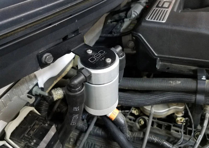 J&L 11-14 Ford F-150/Ford F-150 Raptor 6.2L Passenger Side Oil Separator 3.0 - Clear Anodized - Side View