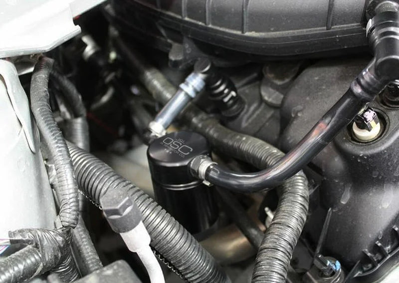J&L 11-17 Ford Mustang V6 Passenger Side Oil Separator 3.0 - Black Anodized - Main Product View