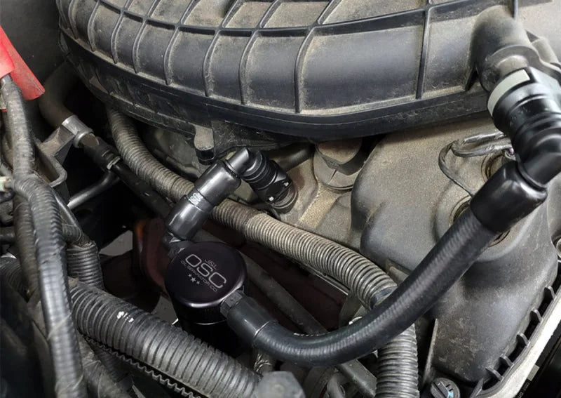 J&L 11-17 Ford Mustang V6 Passenger Side Oil Separator 3.0 V2 - Black Anodized - Side View