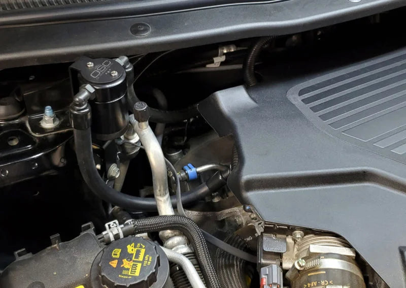 J&L 13-19 Ford Explorer Sport EcoBoost V6 Passenger Side Oil Separator 3.0 - Black Anodized - Detail View