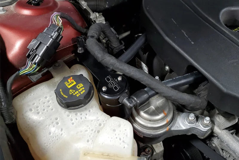 J&L 13-19 Ford Fusion 1.5L EcoBoost Oil Separator 3.0 Passenger Side - Black Anodized - Side View