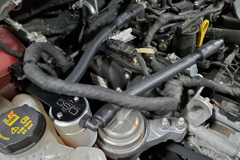 J&L 13-19 Ford Fusion 1.5L EcoBoost Oil Separator 3.0 Passenger Side - Clear Anodized - Detail View