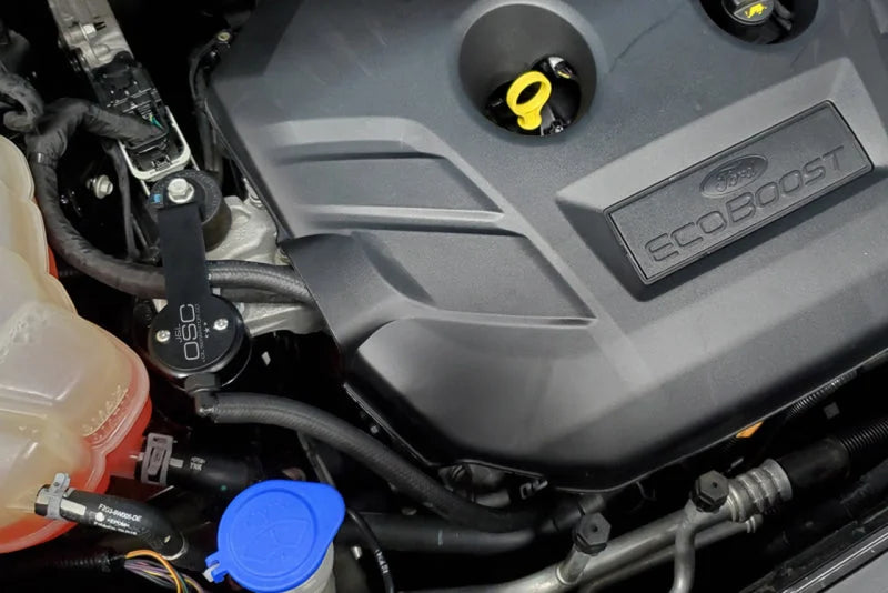 J&L 13-19 Ford Fusion 2.0L EcoBoost Passenger Side Oil Separator 3.0 - Black Anodized - Side View