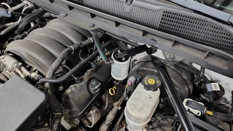 J&L 14-18 Chevy Silverado 1500 / 14-18 GMC Sierra 1500 4.3L V6 Oil Separator - Clear Anodized - Side View