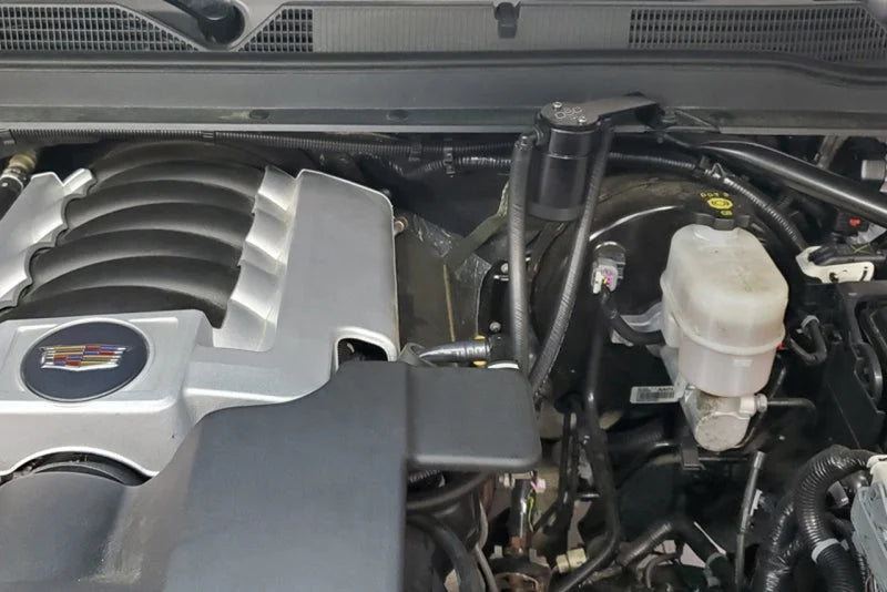 J&L 14-18 Chevy/GM Truck/SUV 5.3L V8 Driver Side Oil Separator 3.0 - Black Anodized - Detail View