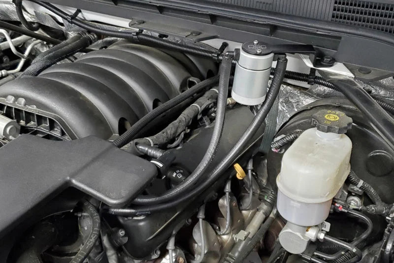 J&L 14-18 Chevy/GM Truck/SUV 5.3L V8 Driver Side Oil Separator 3.0 - Clear Anodized - Side View