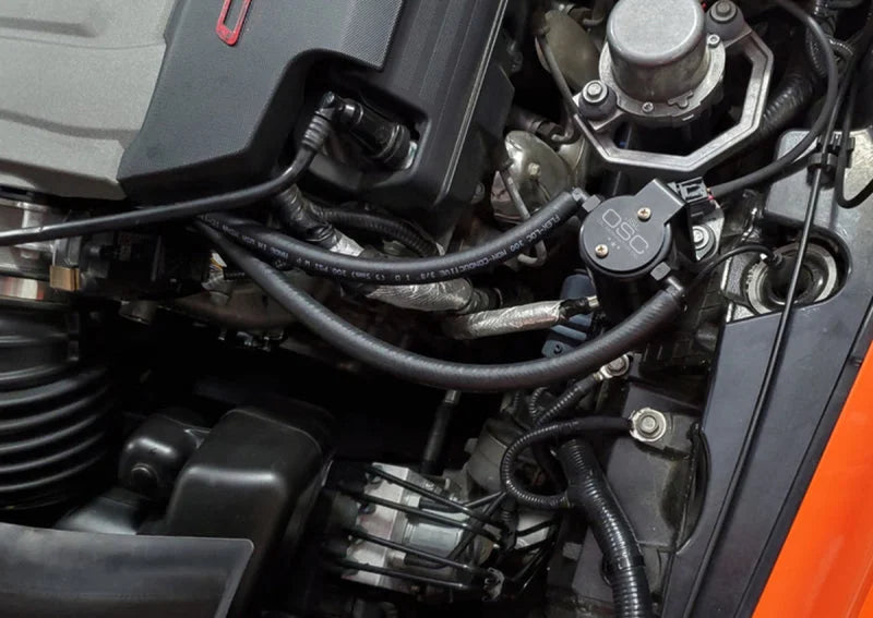 J&L 14-19 Chevrolet Corvette LT1 6.2L Driver Side Oil Separator 3.0 - Black Anodized - Side View