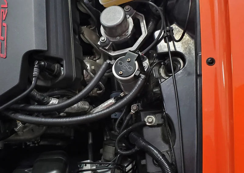 J&L 14-19 Chevrolet Corvette LT1 6.2L Driver Side Oil Separator 3.0 - Clear Anodized - Side View