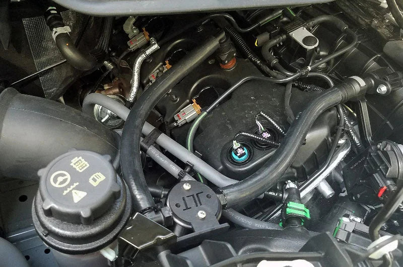 J&L 15-25 Ford Transit 150/250/350 3.5L EcoBoost Passenger Side Oil Separator 3.0 - Black Anodized - Main Product View