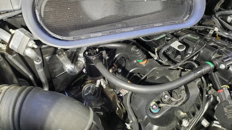 J&L 15-25 Ford Transit 150/250/350 3.5L EcoBoost Passenger Side Oil Separator 3.0 - Black Anodized - Detail View