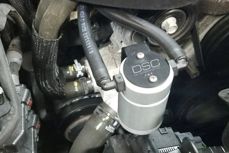 J&L 16-17 Chevrolet SS 6.2L Passenger Side Oil Separator 3.0 - Clear Anodized - Detail View