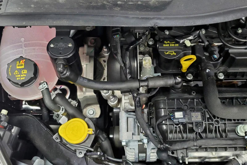 J&L 16-19 Ford Escape 1.5L EcoBoost Passenger Side Oil Separator 3.0 - Black Anodized - Side View