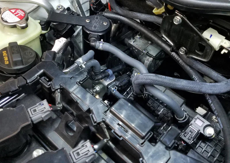 J&L 16-21 Honda Civic 1.5L Turbo (EX & Si) Passenger Side Oil Separator 3.0 - Black Anodized - Side View
