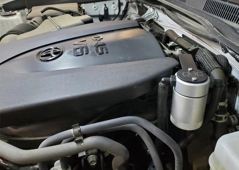 J&L 16-23 Toyota Tacoma 3.5L Driver Side Oil Separator 3.0 - Clear Anodized - Side View