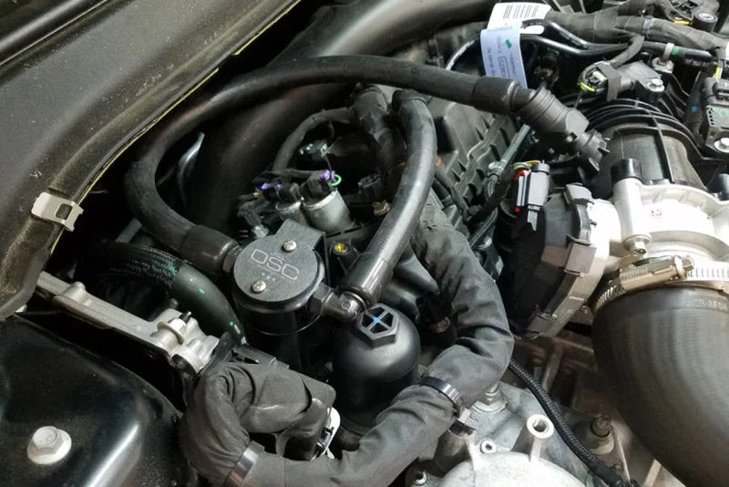 J&L 17-19 Ford Fusion Sport 2.7L Passenger Side Oil Separator 3.0 - Black Anodized - Side View