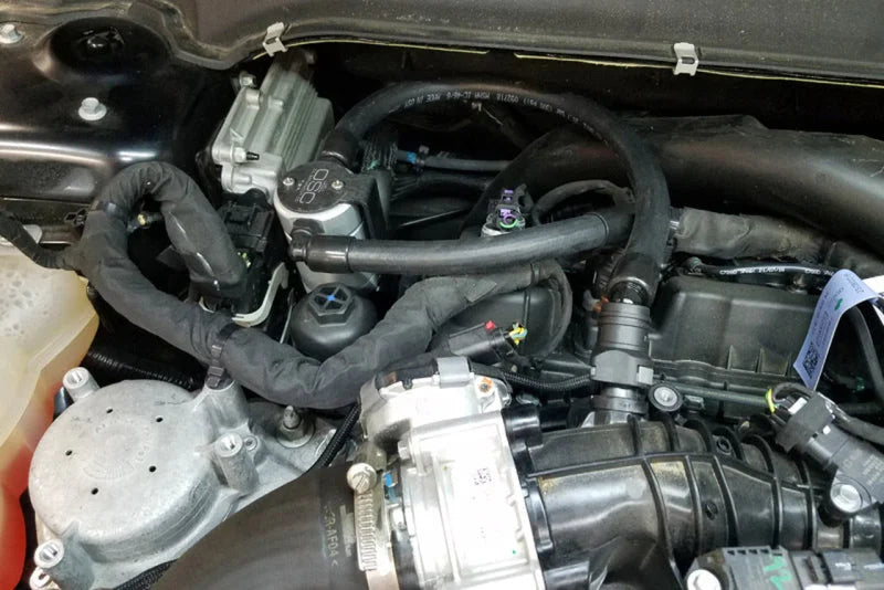 J&L 17-19 Ford Fusion Sport 2.7L Passenger Side Oil Separator 3.0 - Clear Anodized - Side View