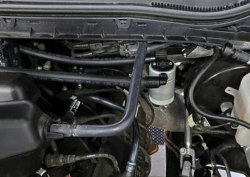 J&L 17-22 Ford F-250 6.2L/7.3L Passenger Side Oil Separator 3.0 - Clear Anodized - Side View