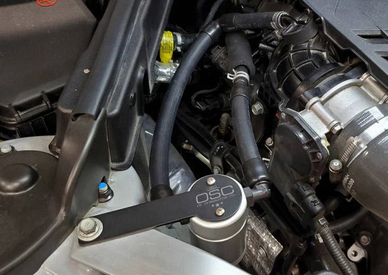 J&L 18-22 Kia Stinger GT 3.3TT Passenger Side Oil Separator 3.0 - Clear Anodized - Side View