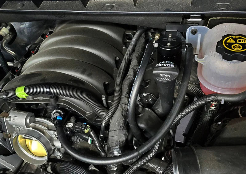 J&L 19-25 Chevrolet Silverado/GMC Sierra 1500 5.3L V8 Driver Side Oil Separator 3.0 - Black Anodized - Detail View