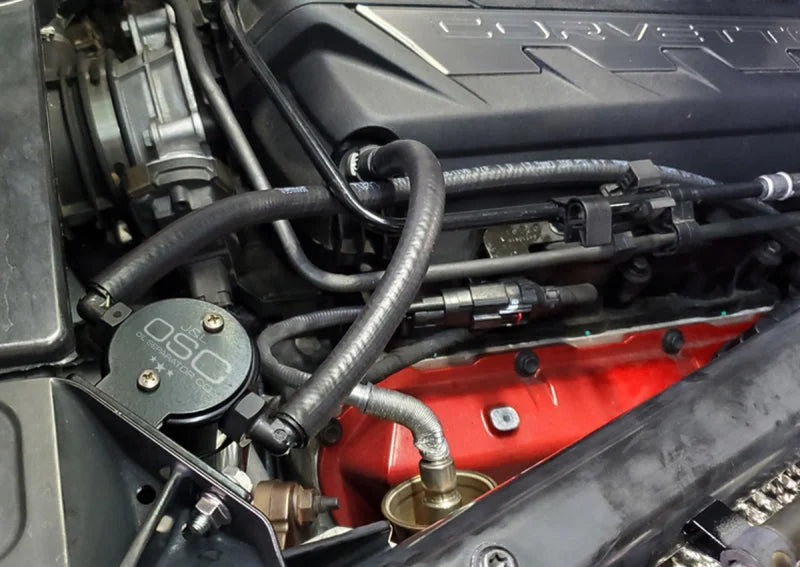 J&L 20-24 Chevrolet Corvette 6.2L LT2 Targa Top Passenger Side Oil Separator 3.0 - Black Anodized - Detail View