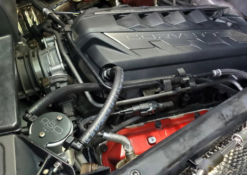 J&L 20-24 Chevrolet Corvette 6.2L LT2 Targa Top Passenger Side Oil Separator 3.0 - Clear Anodized - Side View