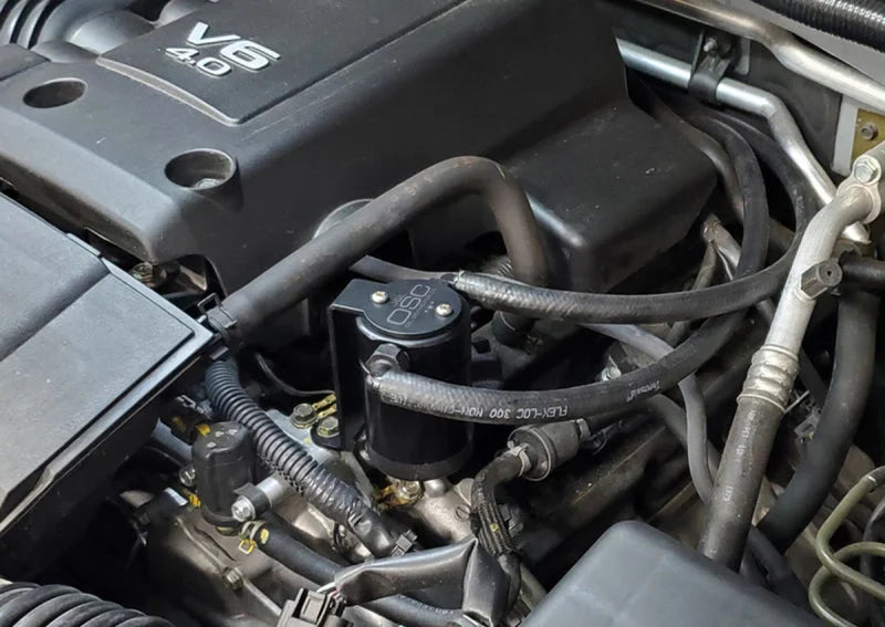 J&L 2005-2019 Nissan Frontier 4L Oil Separator 3.0 - Black Anodized - Side View