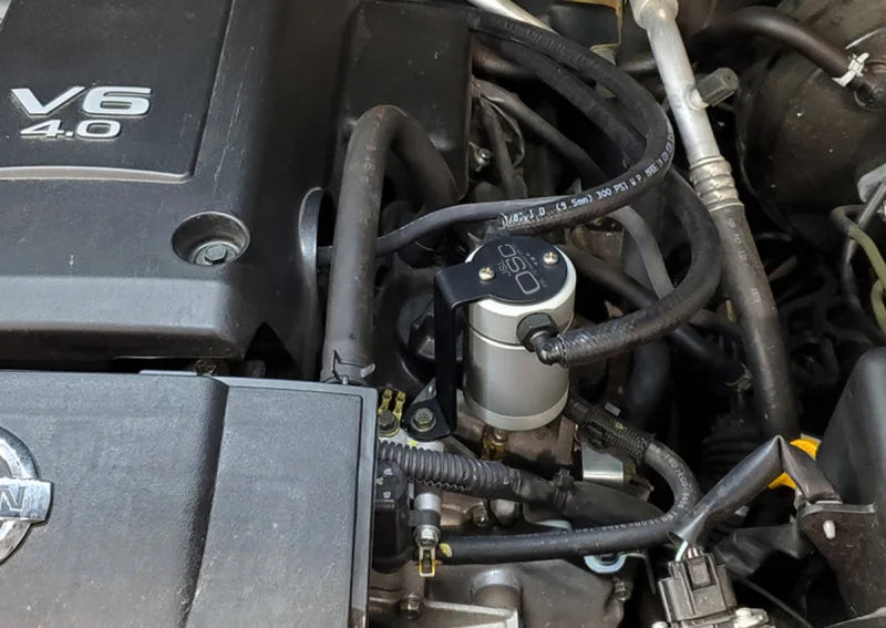 J&L 2005-2019 Nissan Frontier 4L Oil Separator 3.0 - Clear Anodized - Side View